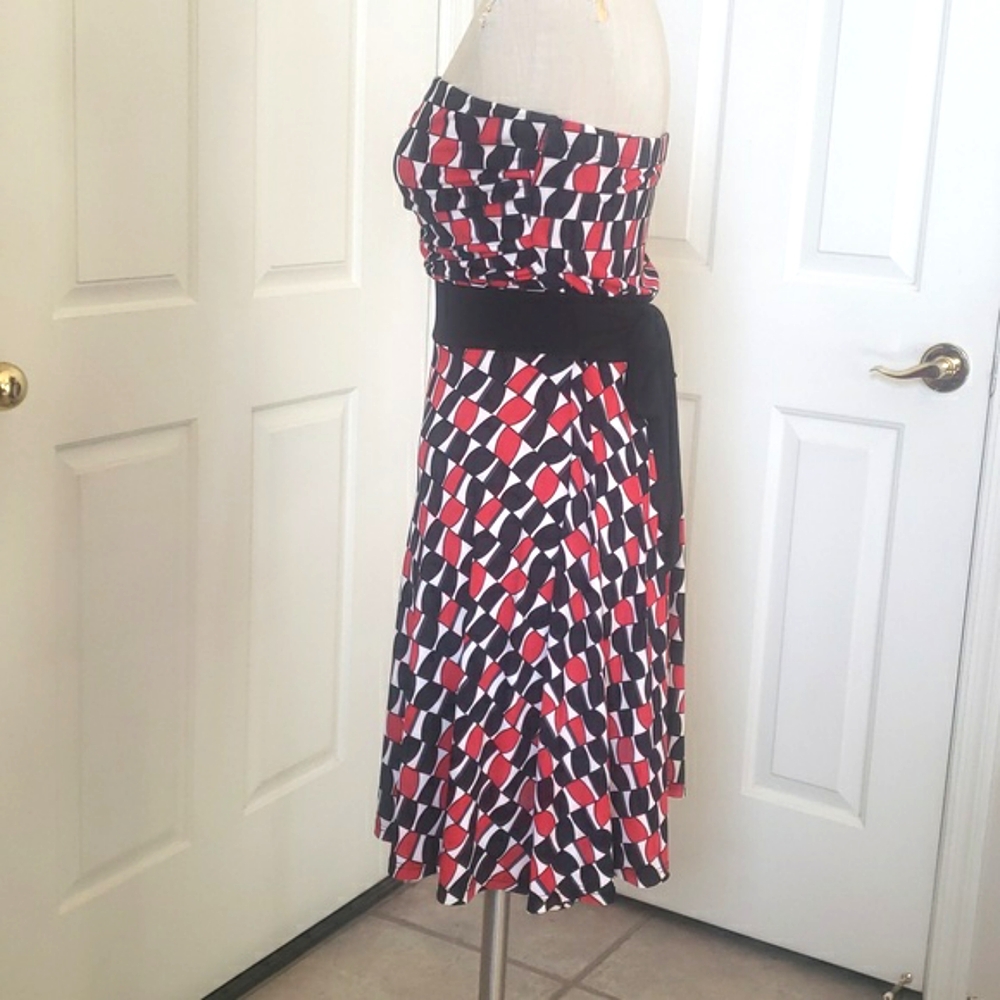 💐 Vintage 90s Forever 21 Geometric Strapless Dress Black Red Belted Slinky M - Picture 4 of 10